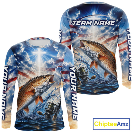 Custom Faith Redfish American Flag Patriotic Fishing Shirt Long Sleeve, US Fishing Jerseys NBT949