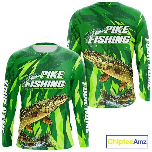 Pike Fishing Shirts Long Sleeve Green Camo Custom Name, Pike Fishing Jerseys For Men NBT408