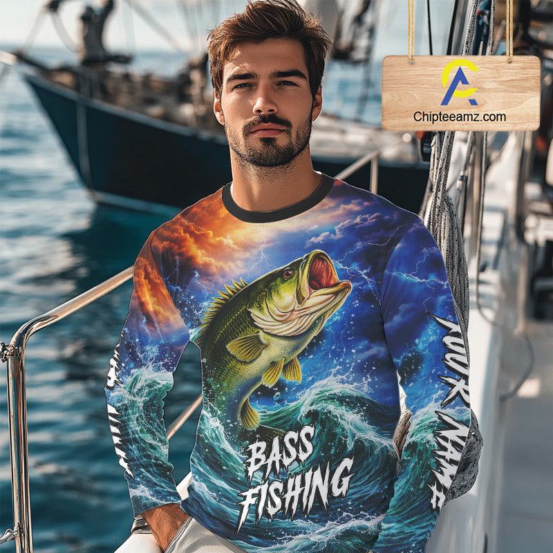 Personalized Bass Thunder And Lightening Long Sleeve Fishing Shirts,Custom Bass Fishing Jerseys NBT378