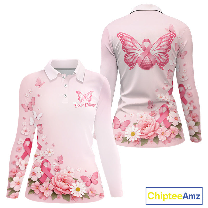 Custom Name Pink Butterfly Floral Pattern Breast Cancer Month Lady Golfer Women's Polo Shirt NBT529