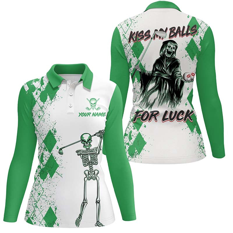 Kiss My Balls Golf Polo Shirts Skeleton Green Argyle Scary Halloween Golf Shirts For Women LDT0324