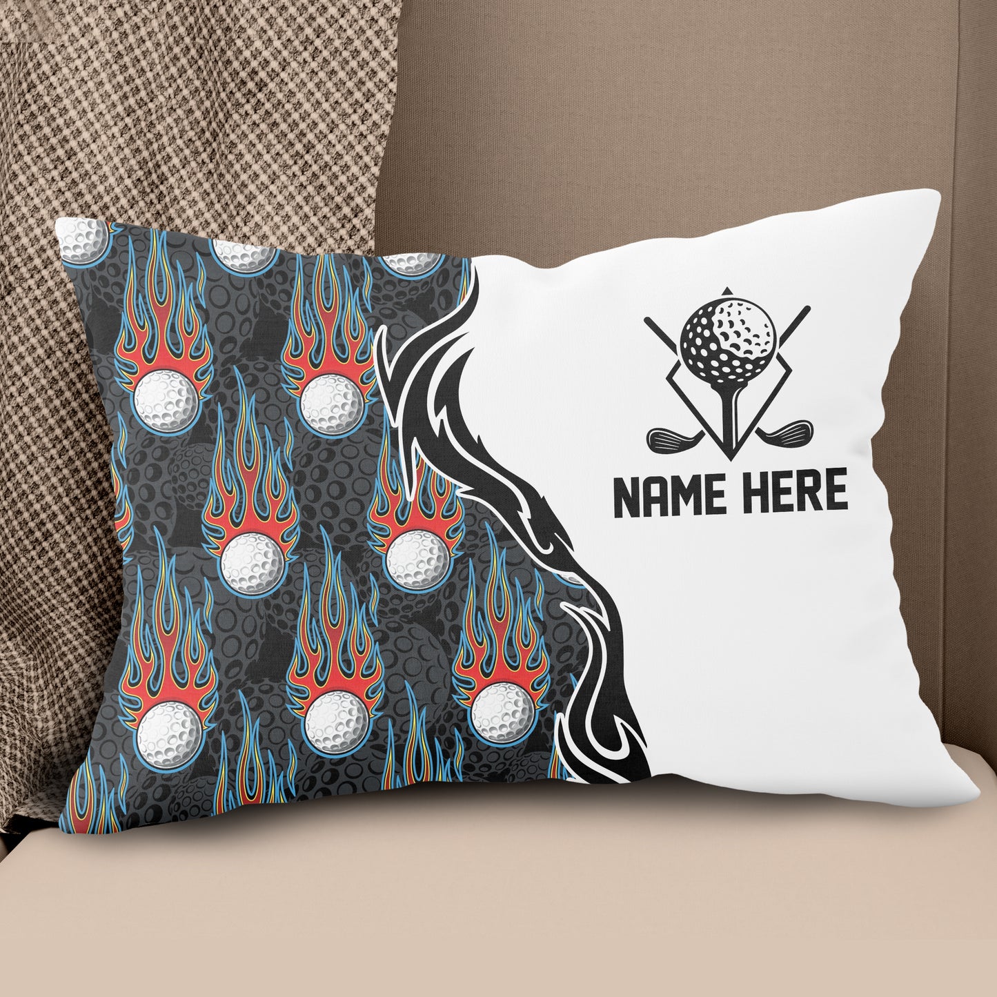Fire Flame Golf Ball Black White Custom Golf Pillow Personalized Golf Gifts Golfer LDT1230