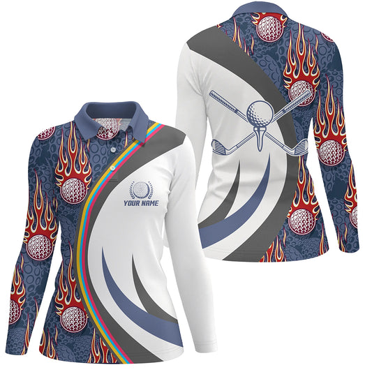 Red Flame Golf Ball Womens Polo Shirts Blue Custom Name Golf Shirts For Women Golf Gifts LDT0445