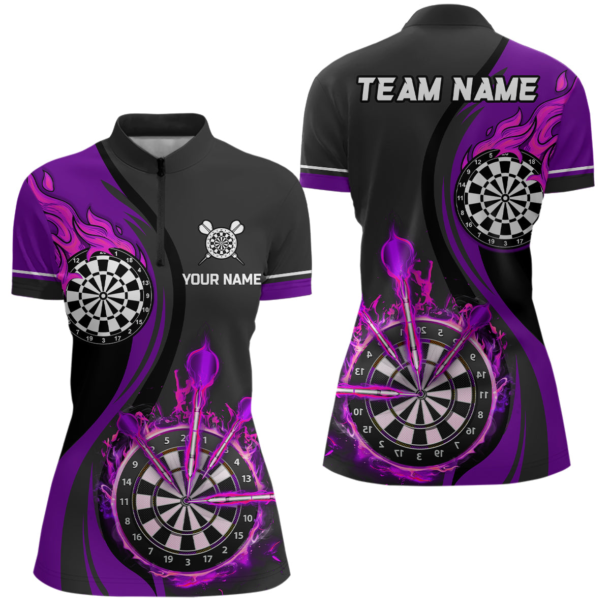 Purple Fire Flame Womens Darts Quarter Zip Shirt Custom Dart Shirts For Women Dart Jerseys LDT1477