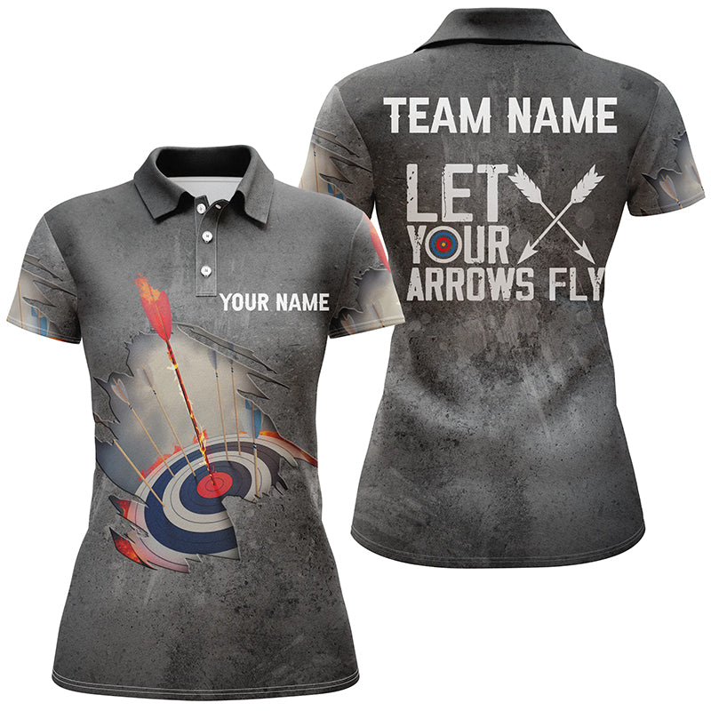 Personalized Let Your Arrows Fly Archery Polo Shirts For Women Flaming Arrow 3D Target Archery Shirts VHM0656