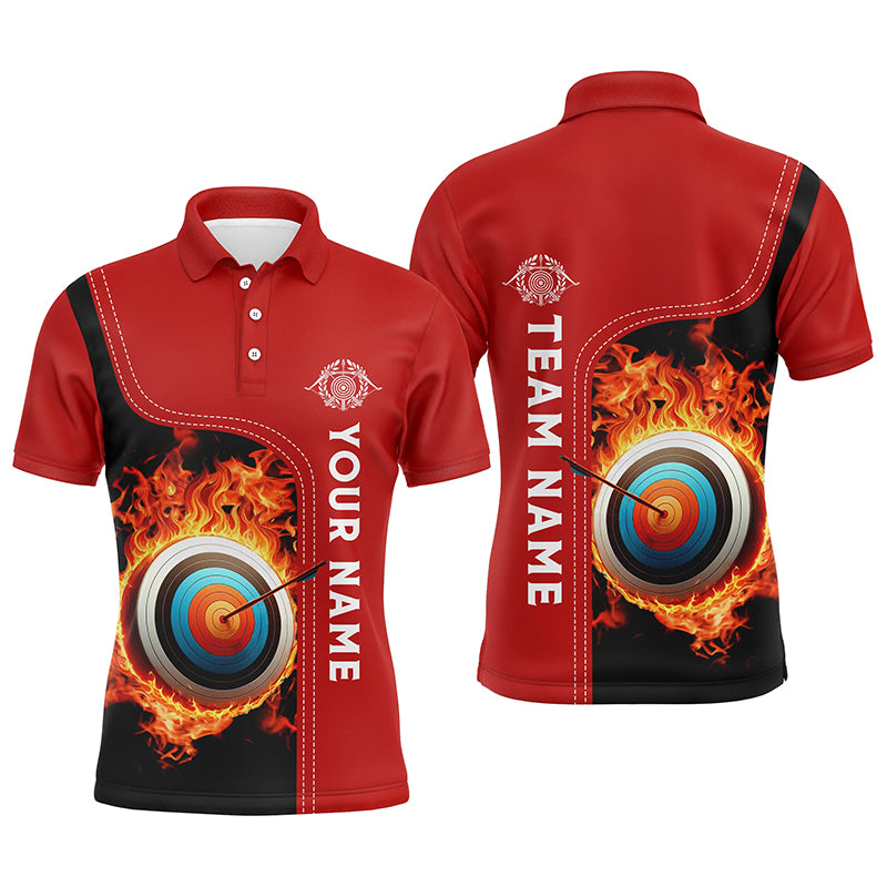 Personalized Black Red Flaming Target Archery 3D Polo Shirts For Men, Custom Archery Team Jerseys VHM0985