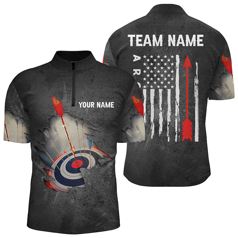 Personalized US Flag Arrow Archery Quarter-Zip Shirts For Men, Flaming 3D Target Archery Shirts VHM0736
