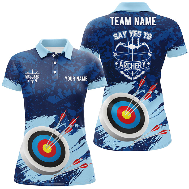 Personalized Say Yes To Archery Blue Painted 3D Polo Shirts For Women, Custom Target Archery Jerseys VHM0584