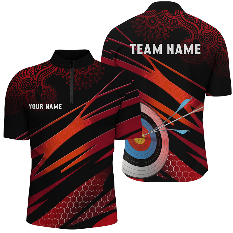 Personalized Red Black 3D Target Archery Quarter-Zip Shirts For Men, Tribal Pattern Archery Shirts VHM0678