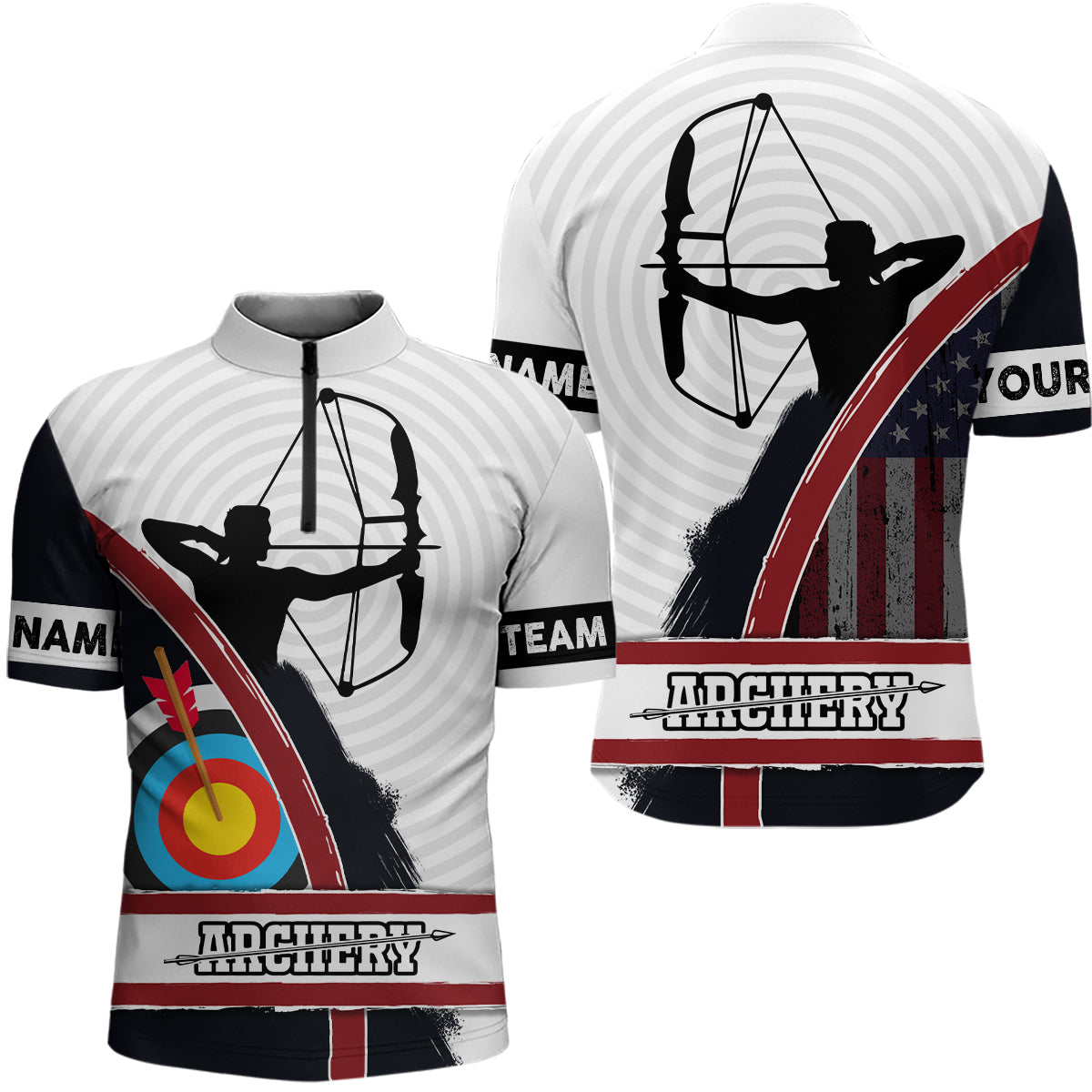 Personalized US Flag Silhouette Archery Quarter-Zip Shirts For Men Custom 3D Target Archery Shirts VHM0648
