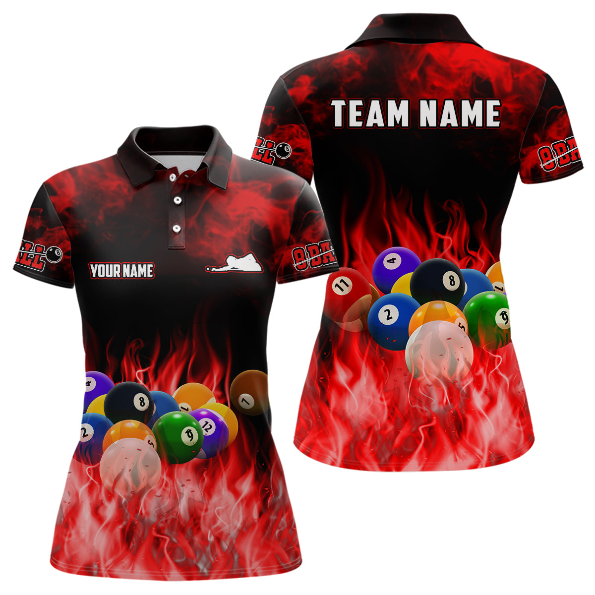 Personalized Billiard Balls Flame Billiard Red 3D Polo Shirts For Women, Custom 8 Ball Pool Jerseys VHM0517