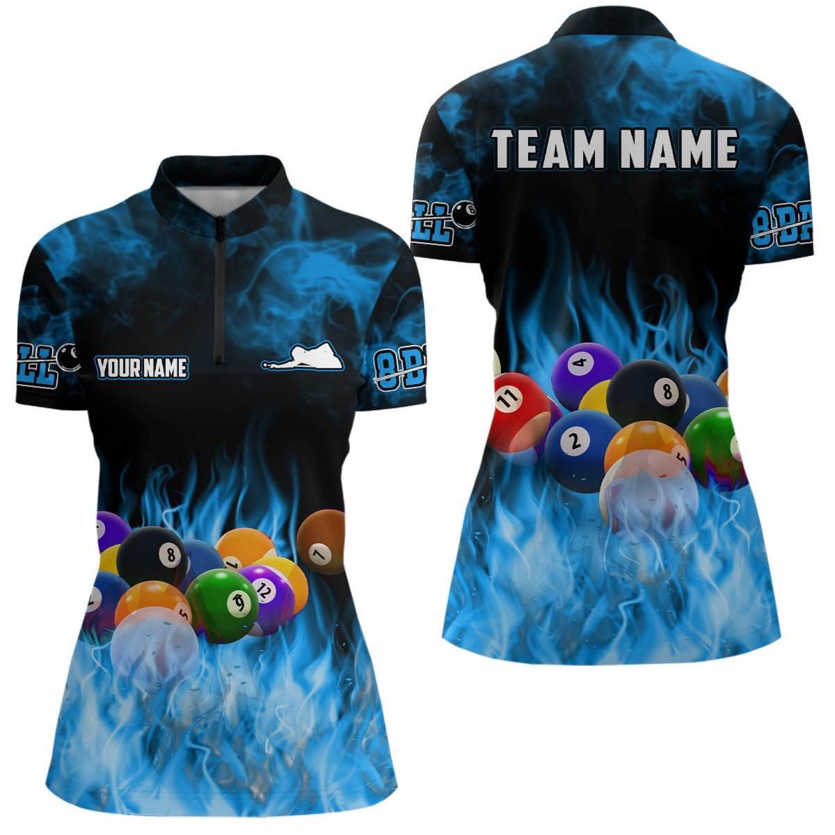 Personalized Billiard Balls Flame Billiard Blue Quarter-Zip Shirts For Women, 8 Ball Pool Jerseys VHM0518