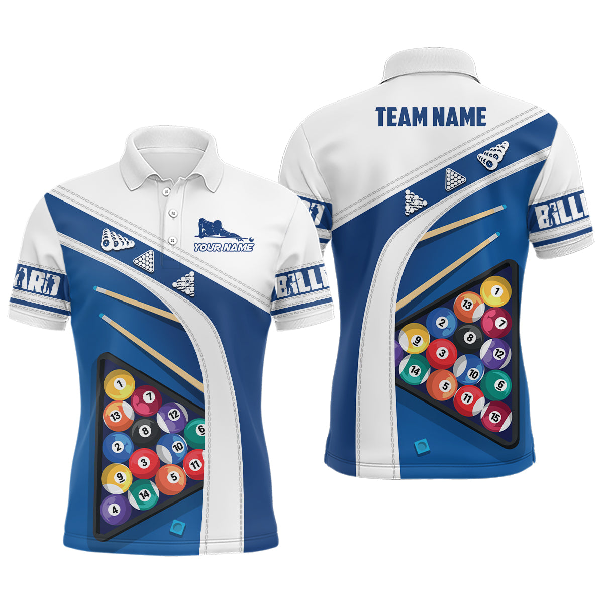 Personalized Blue White Billiard Balls 3D Polo Shirts For Men, Custom 8 Ball Billiards Jerseys VHM0126