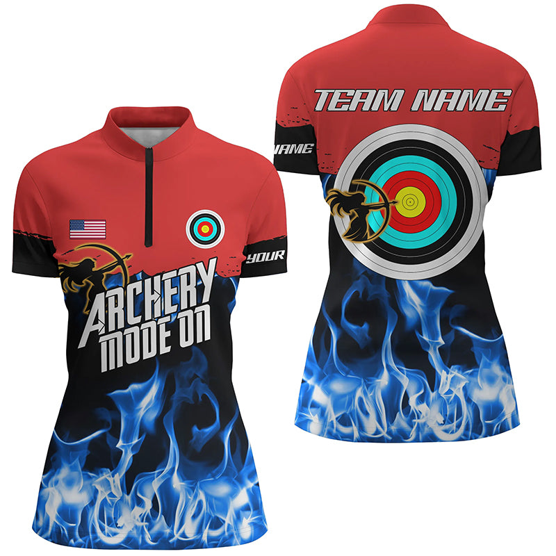 Personalized Red Blue Flame Archery Mode On Women Quarter-Zip Shirts, Archery 3d Team Shirts TDM0516