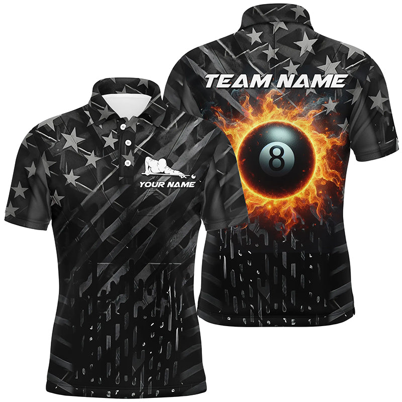 Personalized Black Retro Us Flag 8 Ball Fire Men Billiard Polo Shirts, Patriotic Pool Team Jersey TDM1480