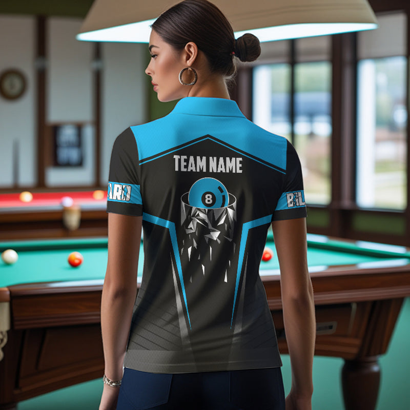 Black And Blue 8 Ball Pool Billiard Jerseys For Women Custom Polo & Quarter Zip Billiard Team Shirts TDM3388