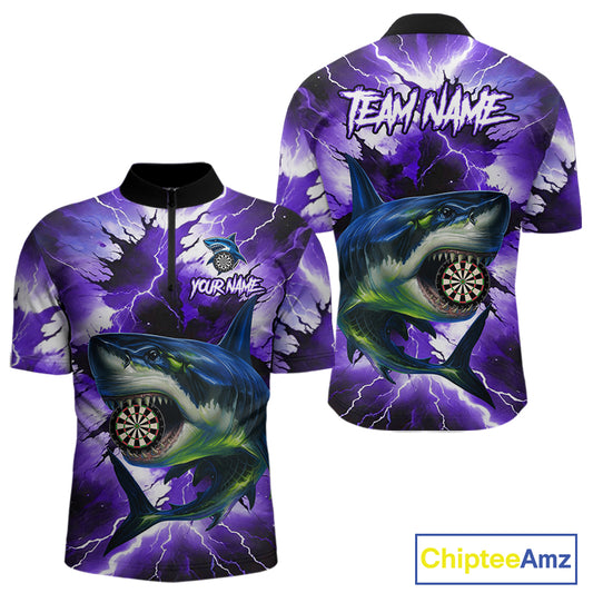 Thunder Lightning Storm Shark Darts Shirt For Men Custom Purple Darts Team Jersey Polo & 1/4 Zip TDM4570