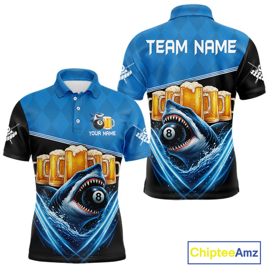 Blue Funny Beer Shark 8 Ball Billiard Jersey For Men Custom Pool Team Shirt Polo & 1/4 Zip TDM5943