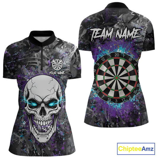 Blue Purple Grunge Skull Darts Polo & 1/4 Zip For Women Custom Darts Team Jersey, Funny Darts Gifts TDM5504