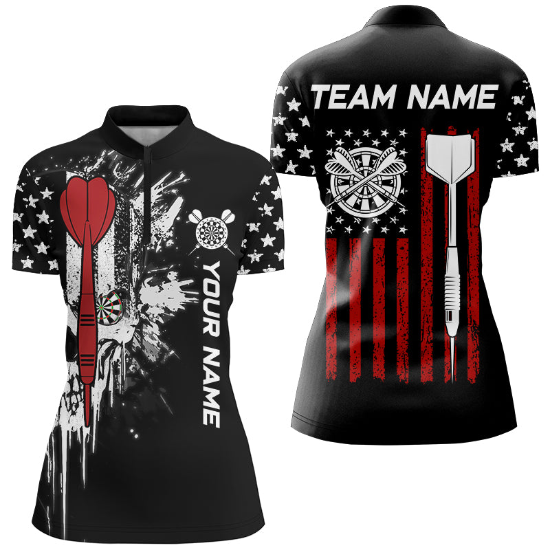Grunge Skull Custom Black American Flag Dart Shirts For Women, Patriotic Dart Jerseys Team Uniform TDM2807