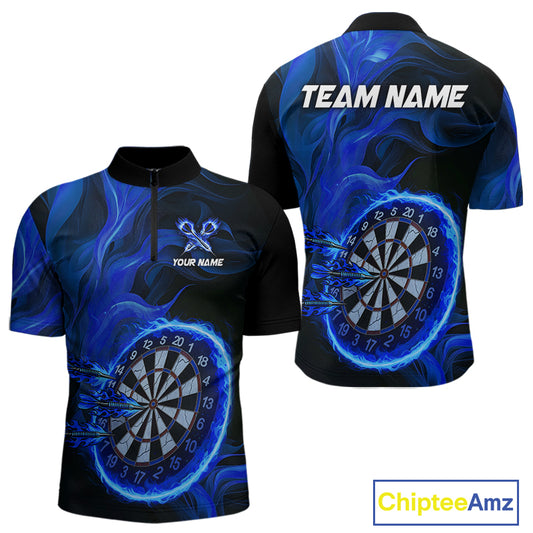 Blue Flaming Dartboard Shirt For Men Custom Fire Darts Jersey Polo & Quarter Zip Team Uniform TDM4676