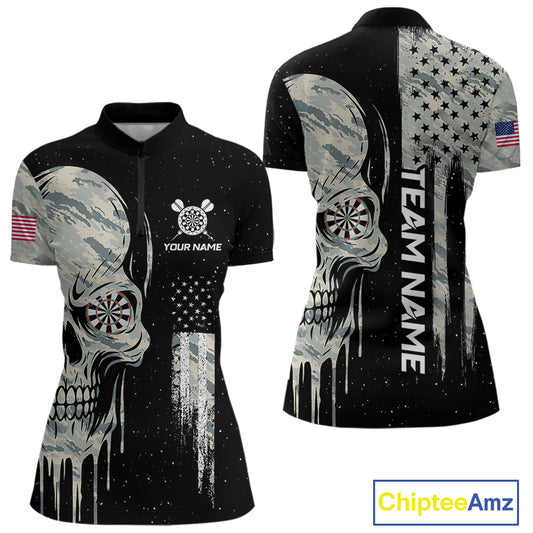 Grunge Camo Skull American Flag Dart Shirt For Women Custom Patriotic Dart Jersey Team Polo, 1/4 Zip TDM4277