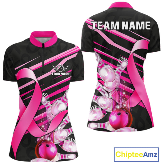 Personalized pink ribbon breast cancer awareness bowling team jersey quarter zip shirt for women featuring pink ribbon graphics, premium custom bowling apparel.