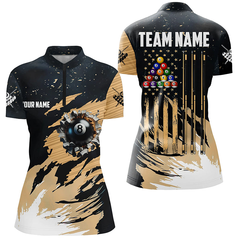 Customized Grunge American Flag 8 Ball Pool Women Billiard Shirts, Patriotic Pool Player Shirts TDM1721