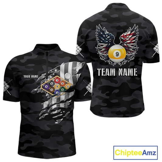 Personalized Camouflage US Flag Billiard Shirt For Men, Funny Patriotic 9 Ball Wings Pool Jersey TDM4479