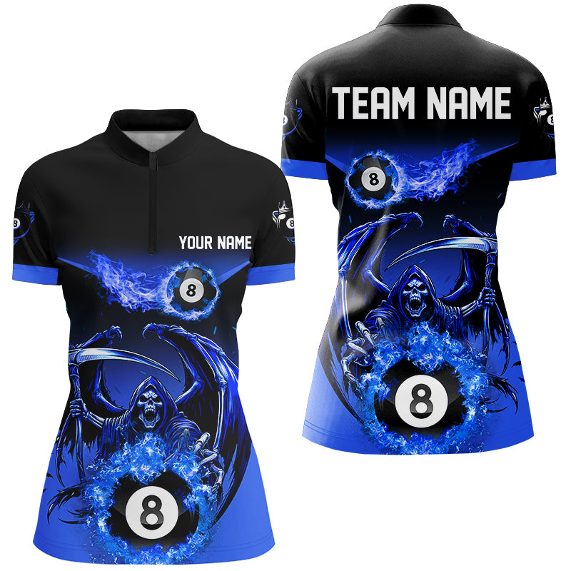 Blue Grim Reaper Flame 8 Ball Pool Billiard Shirts For Women Custom Billiard League Team Jerseys TDM2646