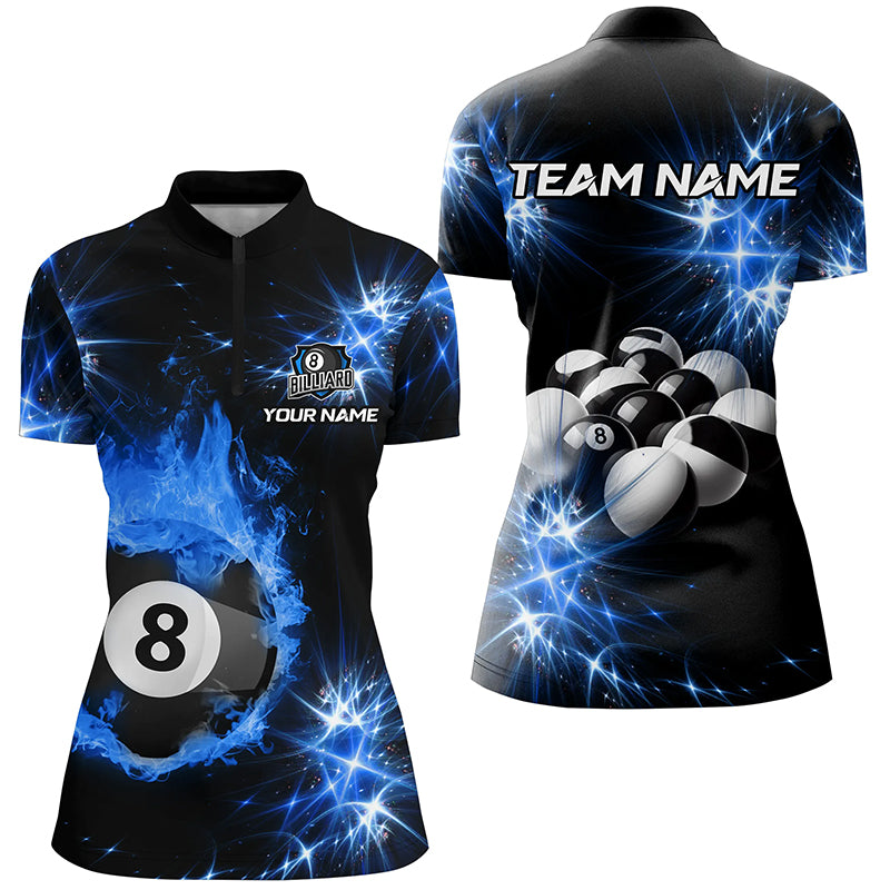 Blue Billiard 8 Ball Fire Flame Women Quarter-Zip Shirt Custom Billiard Balls Team Jersey TDM1352