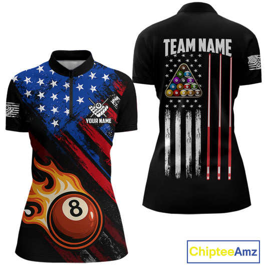 Funny Flame 8 Ball Billiard Shirts For Women Custom Patriotic American Flag Pool Team Jerseys TDM4131