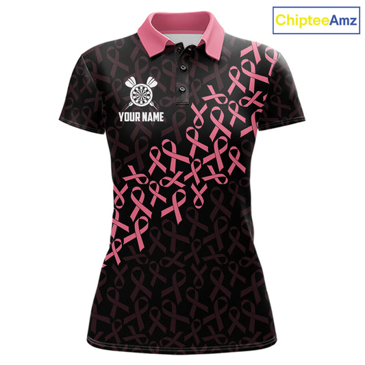 Pink Ribbons Patriotic American Flag Breast Cancer Awareness Darts Polo Shirt for Women Featuring Inspirational Pink Ribbon Artwork for Dart League Players, Team Competition, and Awareness Events