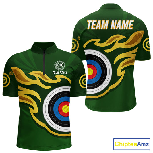 Personalized Green Archery Flame Polo & 1/4 Zip For Men Custom Golden Archery Team Jersey TDM5871