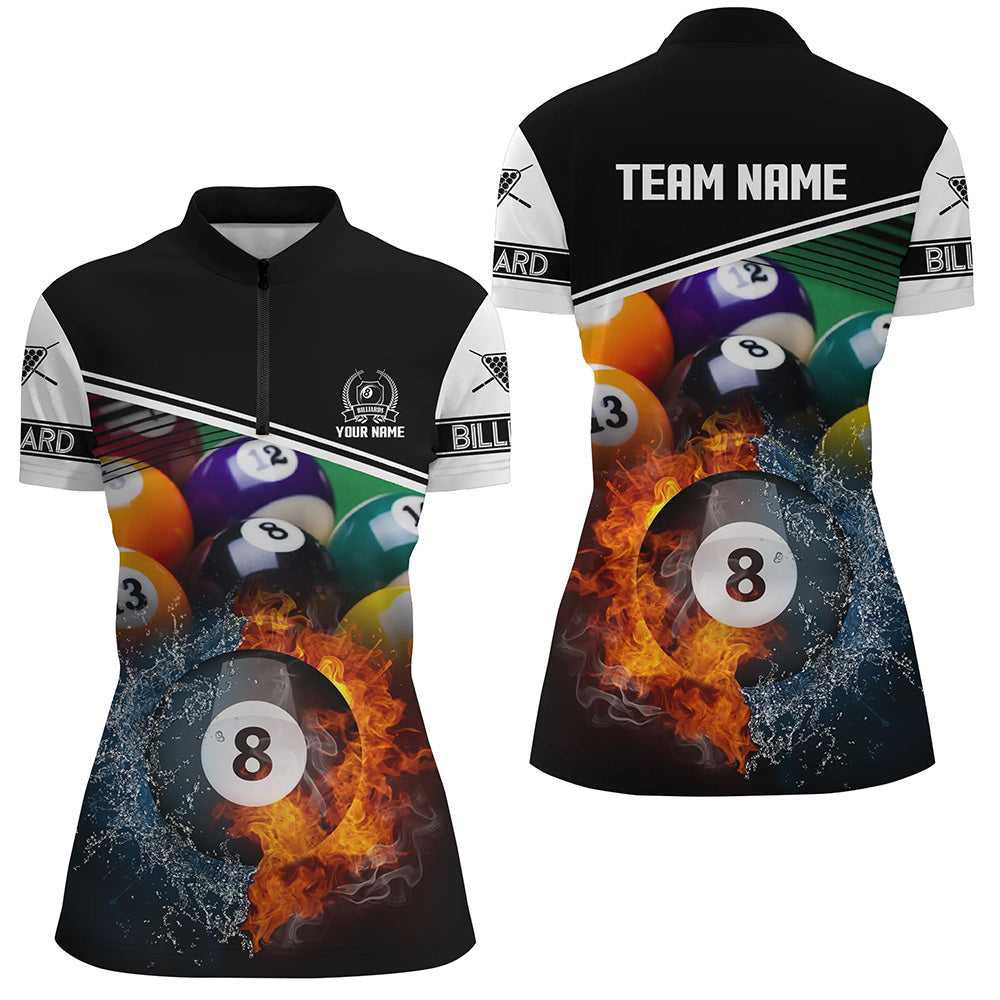 Custom Billiard 8 Ball Water Fire 3D Black Women Quarter-Zip Shirt, Gift For Billiard Player TDM1384