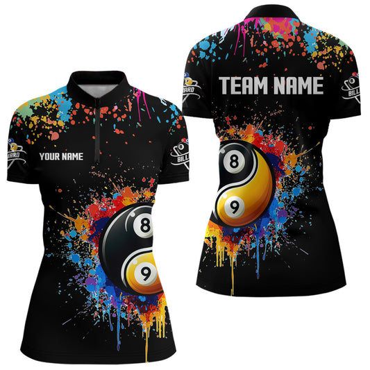 Funny Ying And Yang 8 Ball & 9 Ball Colorful Splash Custom Billiard Shirt For Women, Billiard Jersey TDM3703