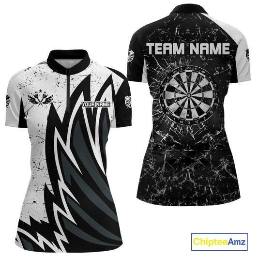 Personalized Black White Break Glass Dart Shirts For Women Custom Wings Dart Jersey Polo & 1/4 Zip TDM3881