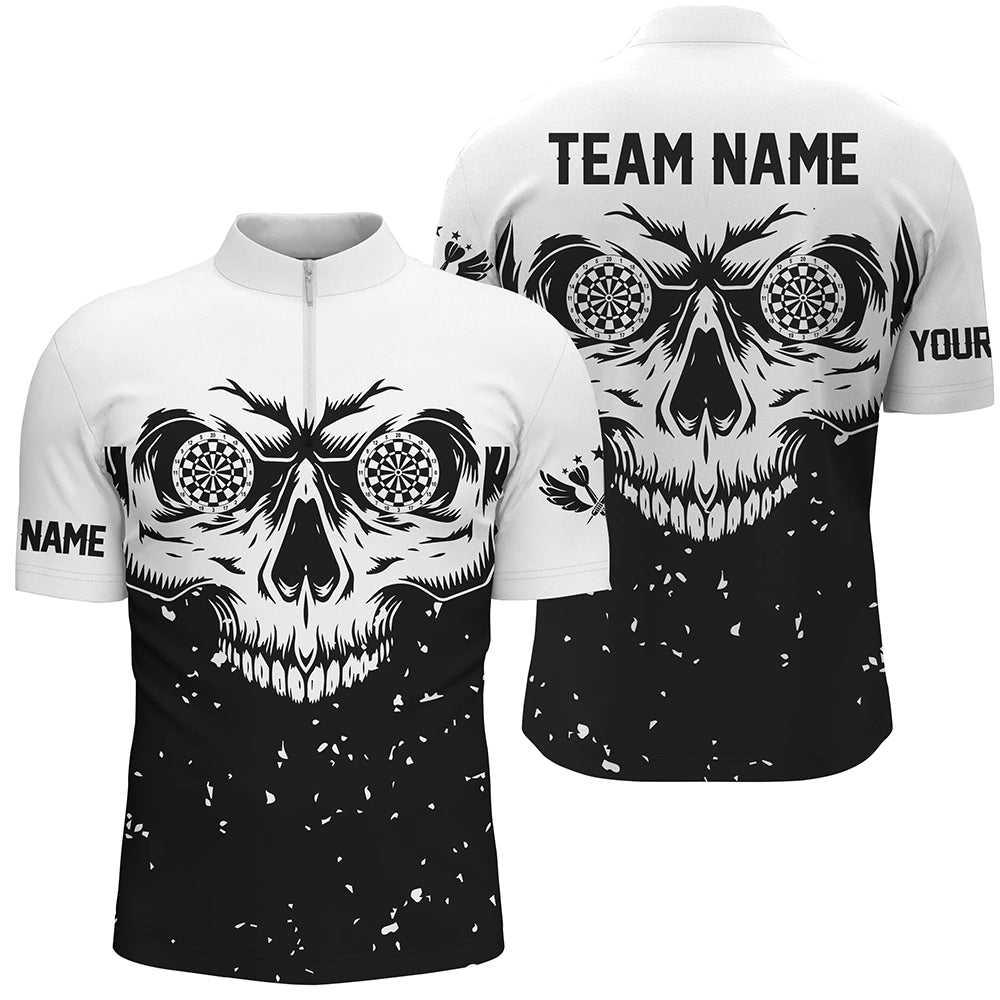 Customized Grunge Black White Skull Darts Men Quarter-Zip Shirts, Team League Darts Shirts TDM1470