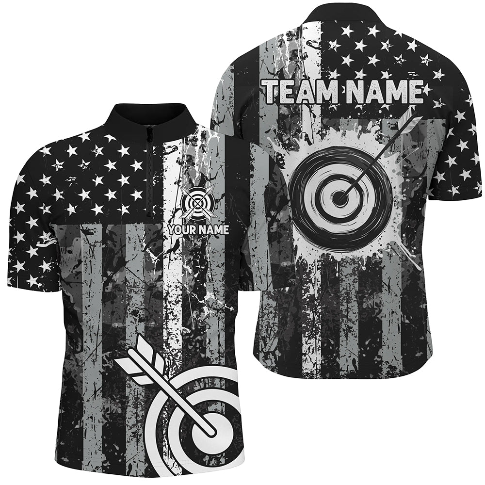 Custom Black Grunge USA Flag Archery Shirts For Men, Patriotic American Archery Team Jerseys TDM3242