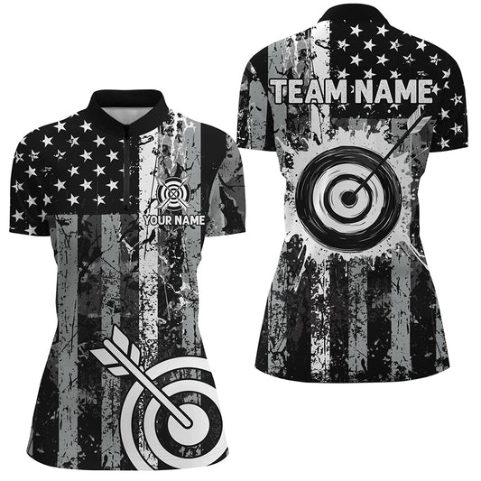 Custom Black Grunge USA Flag Archery Shirts For Women, Patriotic American Archery Team Jerseys TDM3242