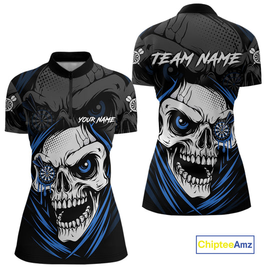 Personalized Funny Skull Darts Shirts For Women Custom Darts Jersey Team Polo & Quarter Zip |Blue TDM5296