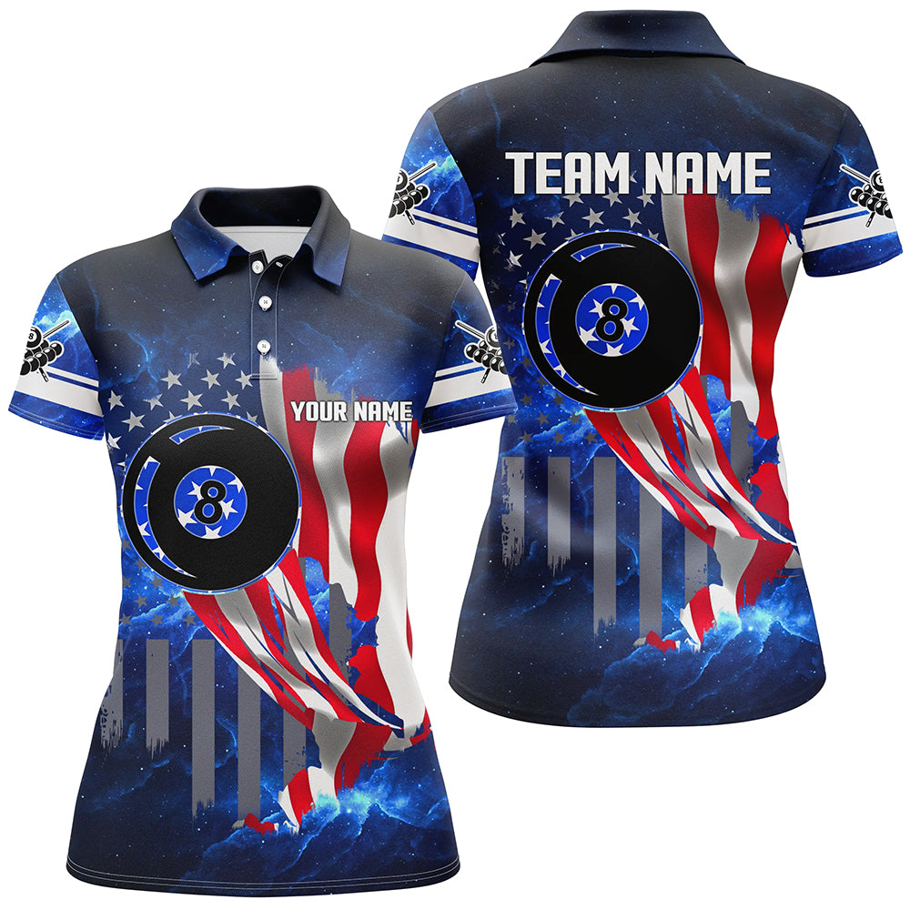 American Flag Blue Galaxy Personalized Women Billiard Polo Shirts, 8 Ball Pool Team League Shirts TDM0991
