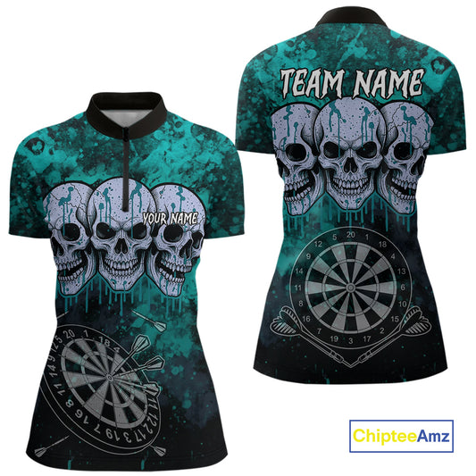 Black And Turquoise Grunge Skull Womens Dart Shirts Custom Dart Jerseys Team Polo & Quarter Zip TDM5129