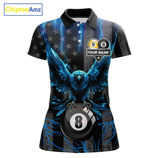 Blue lightning eagle 8 ball and 9 ball billiard polo shirt for women with patriotic American flag graphics.