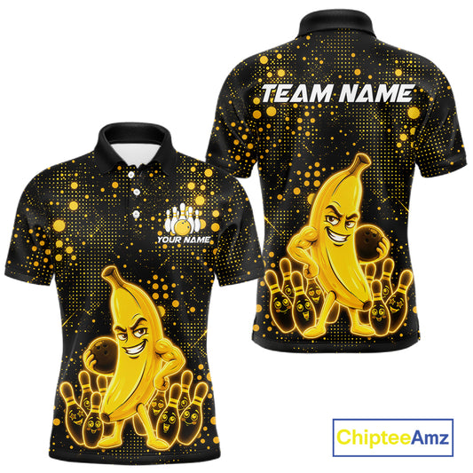 Black and yellow funny banana bowling team jersey polo shirt for men featuring a glowing funny banana bowling design, premium custom bowling league apparel.