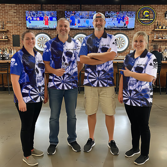White & Blue Skull Dartboard Custom Women Dart Quarter-Zip Shirt Retro Grunge Dart League Jerseys NYN2085