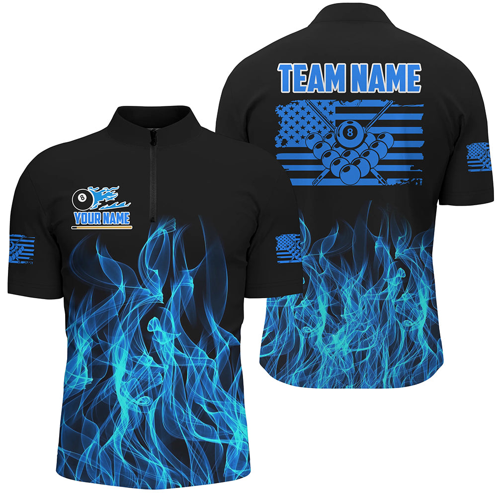 3D Blue Flaming American Flag Men Billiard Shirt Custom Patriotic Pool Player Shirt Billiard Jersey TDM3163