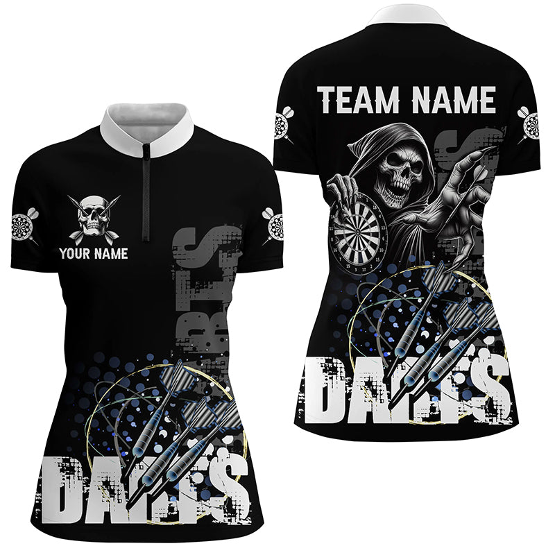 Custom Black White Grim Reaper Grunge Dart Shirts For Women, Dart Team Jerseys Uniform TDM2952