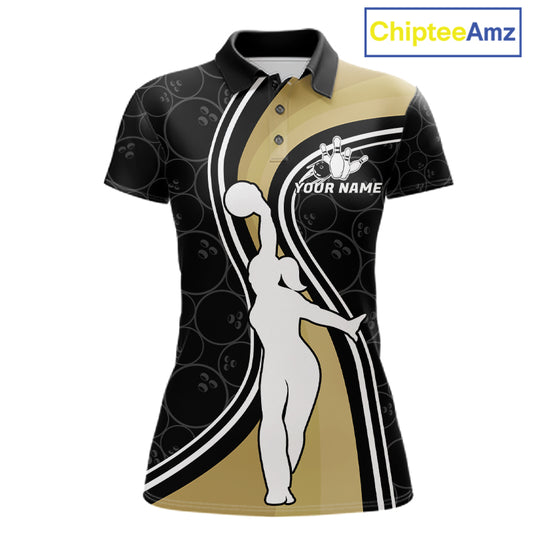 Black And Gold Retro Bowling Custom Polo Shirt For Women Bowling League Team Jersey
