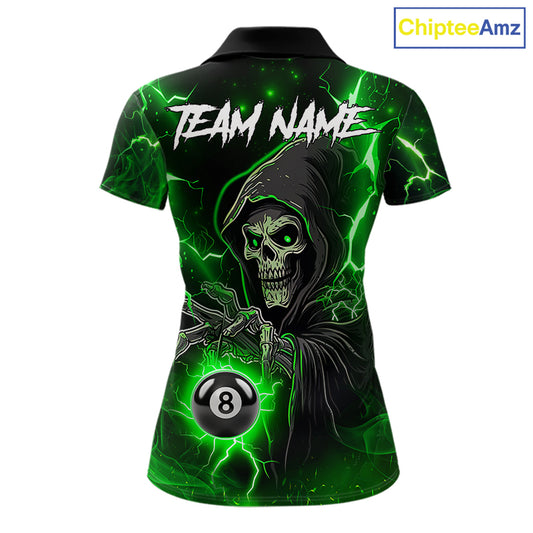 Green Grim Reaper 8 Ball Billiard Shirt For Women Custom Lightning Billiard Team Jersey Polo, 1/4 Zip TDM6326